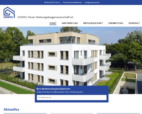 Screenshot der Seite GEWOG - Porzer Wohnungsbau­genossenschaft eG